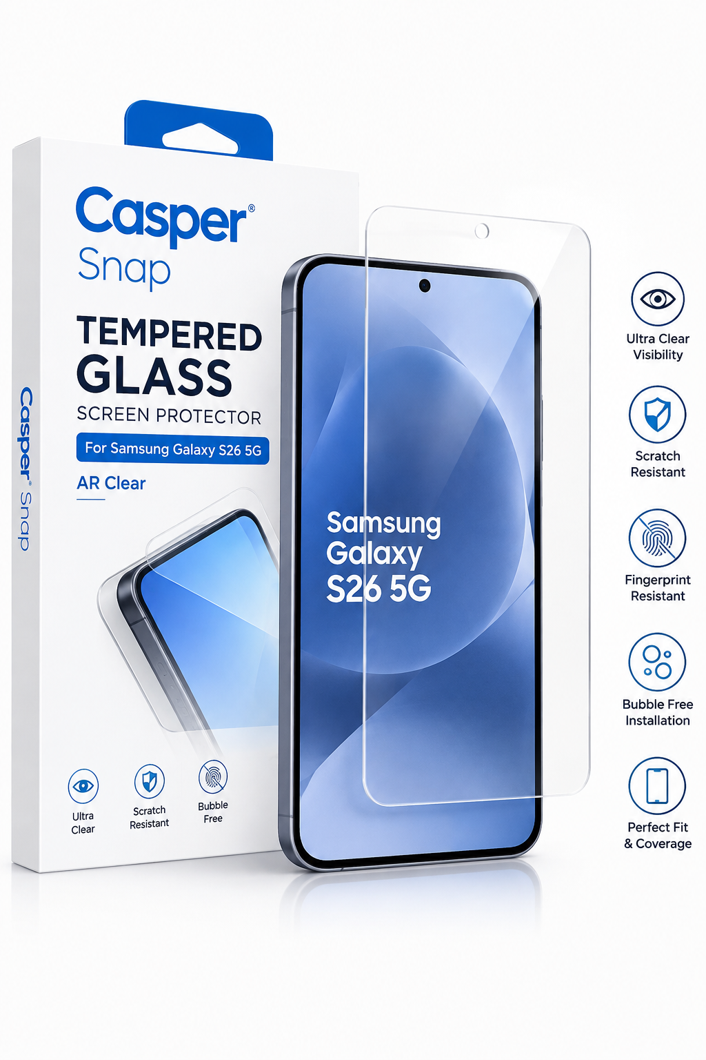 Casper Snap Tempered Glass For Samsung Galaxy S26 5G (AR Clear)